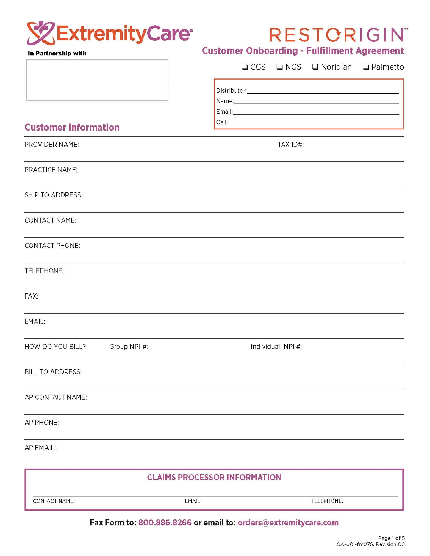 Restorigin Onboarding Form Fulfillment Agreement- Distributor Copy