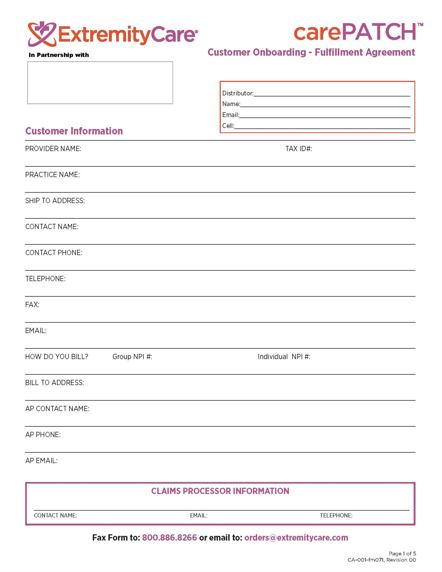 CarePatch Onboarding Form Fulfillment Agreement- Distributor Copy