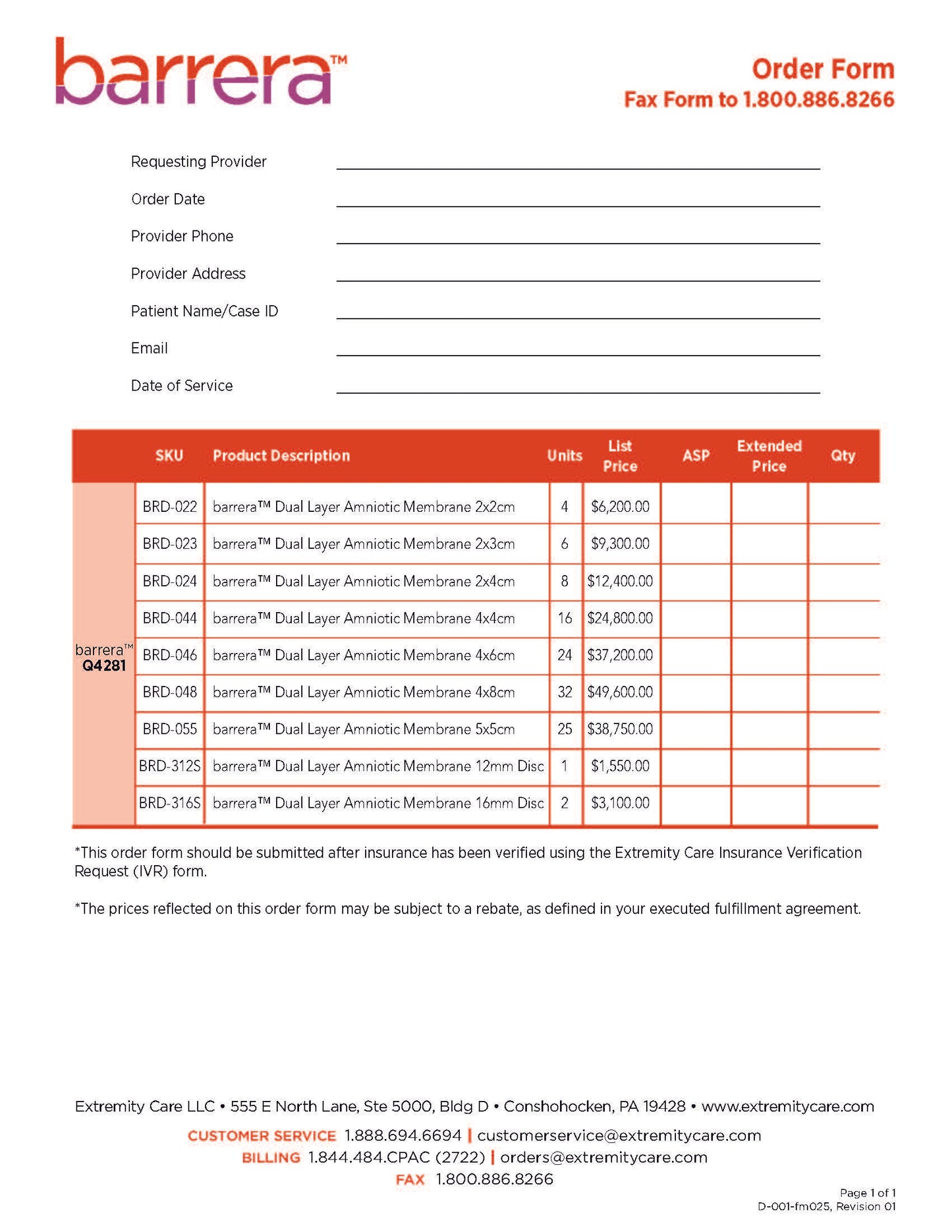 Barrera Order Form